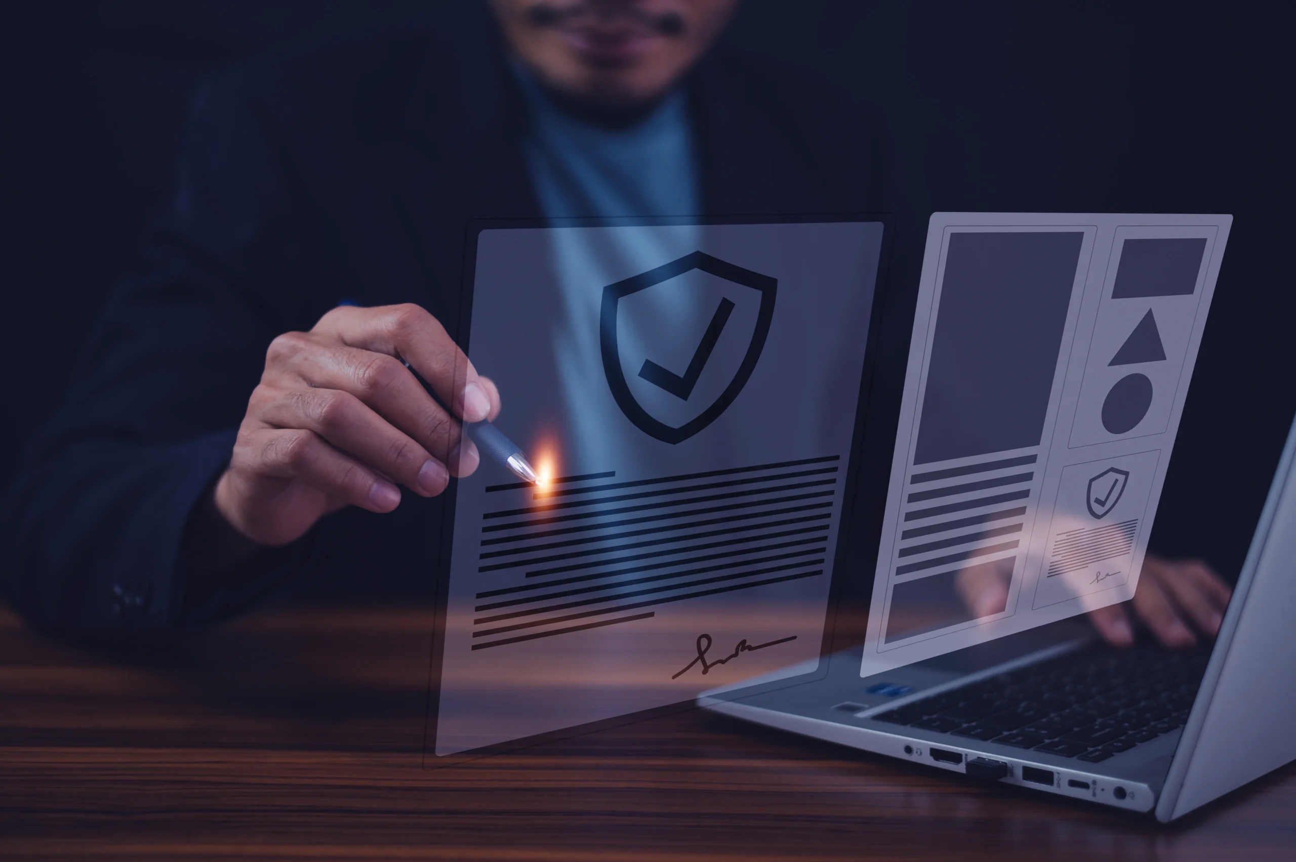Business executive using a stylus to sign virtual document overlays on a laptop, demonstrating compliant eSignature software.