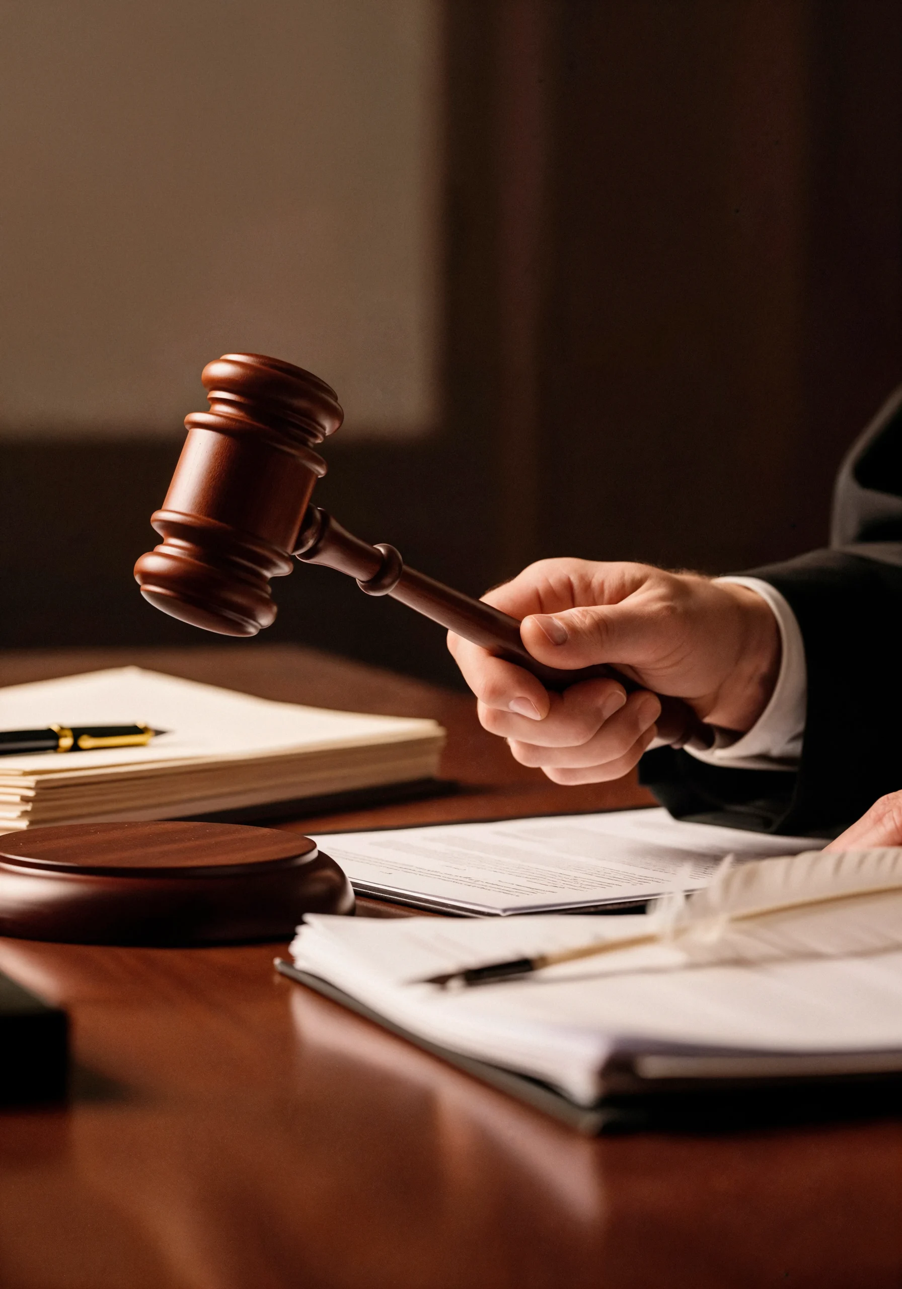 Legal professional holding a gavel over signed legal contracts enforcing electronic signature laws.