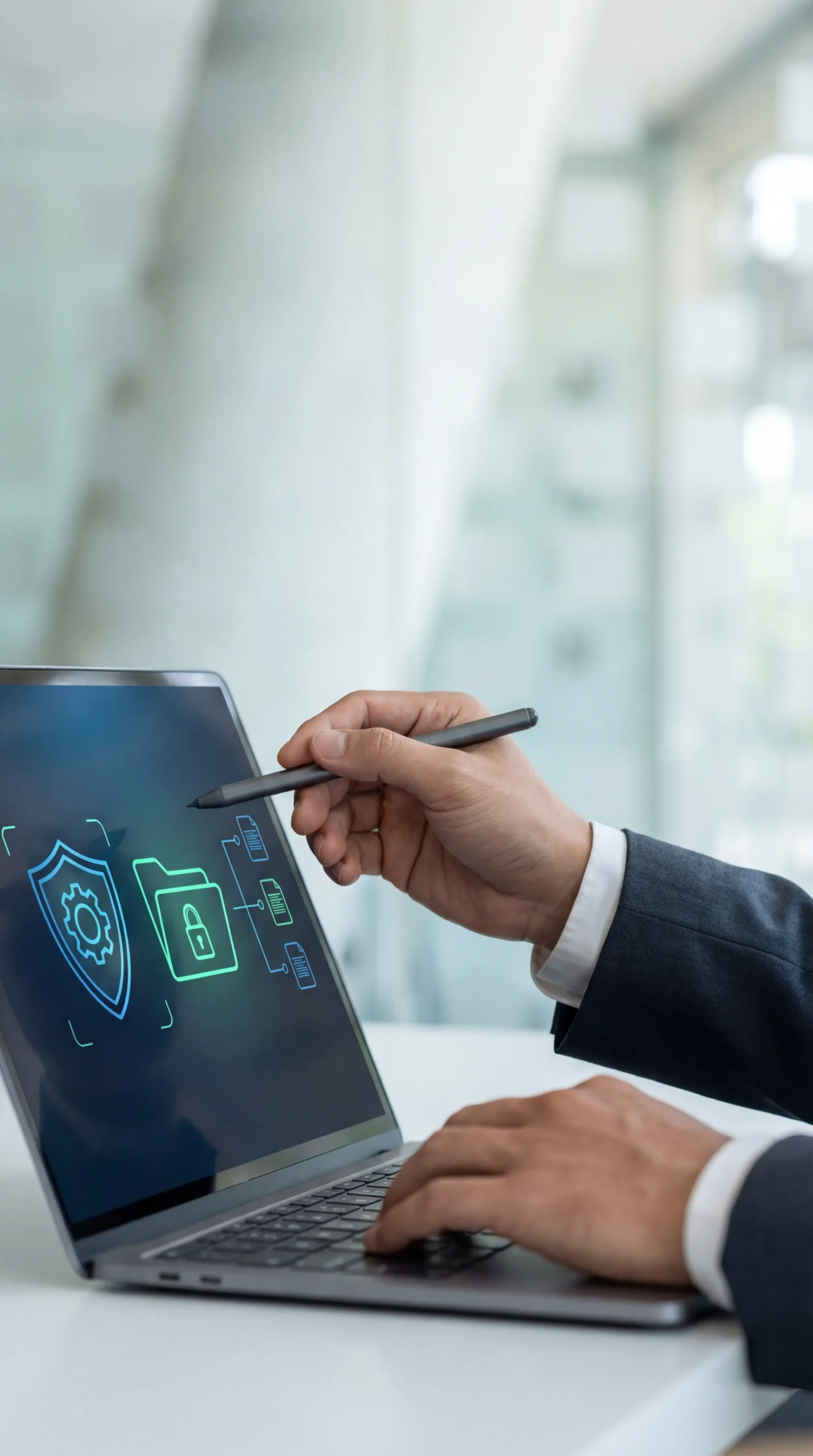 Executive using a digital pen on a touch-screen laptop displaying encrypted file folders for eSignature software.