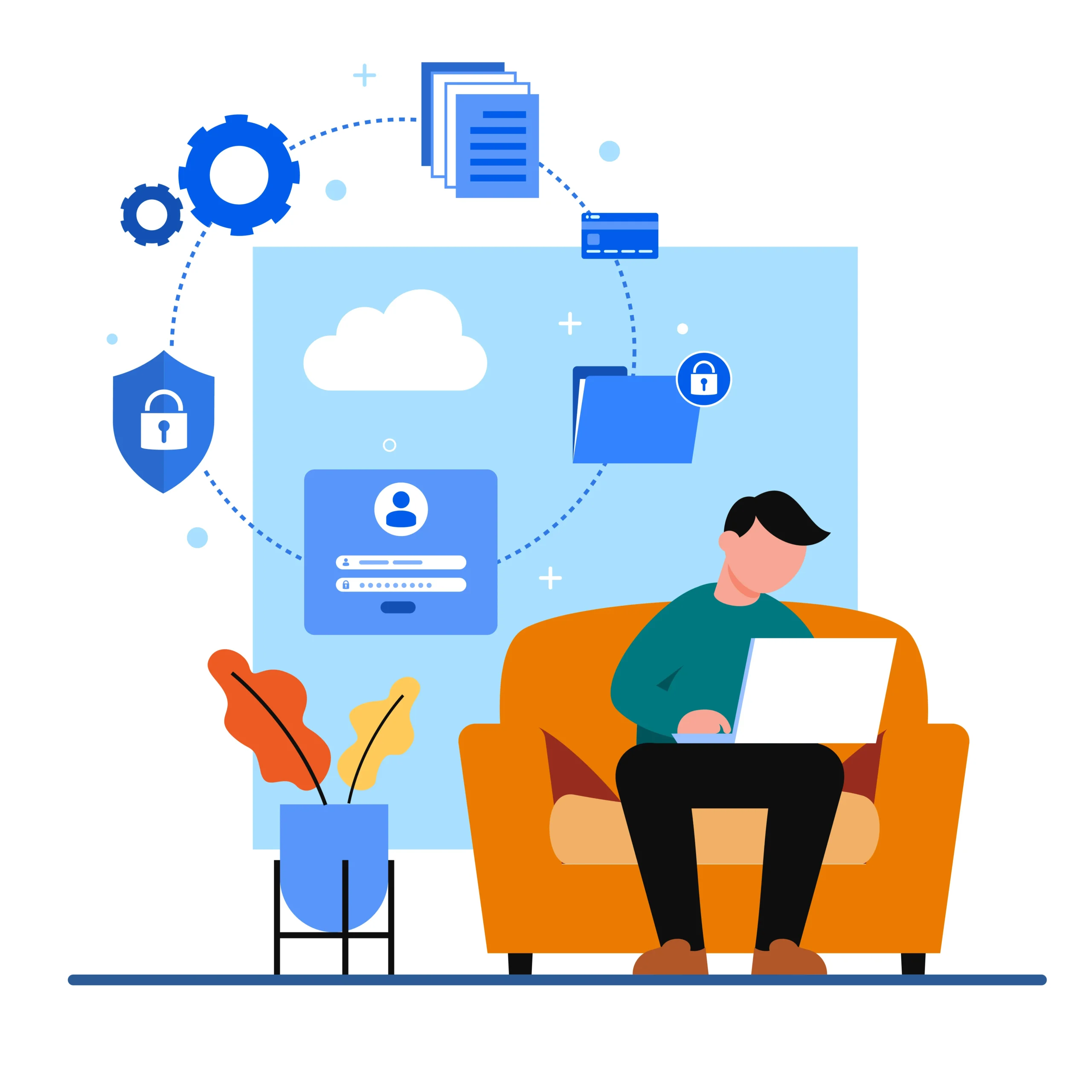 Flat vector graphic illustrating secure digital workflows powered by an eSignature API integration.