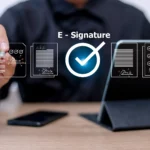 Professional managing digital signature workflows and document features on a tablet.