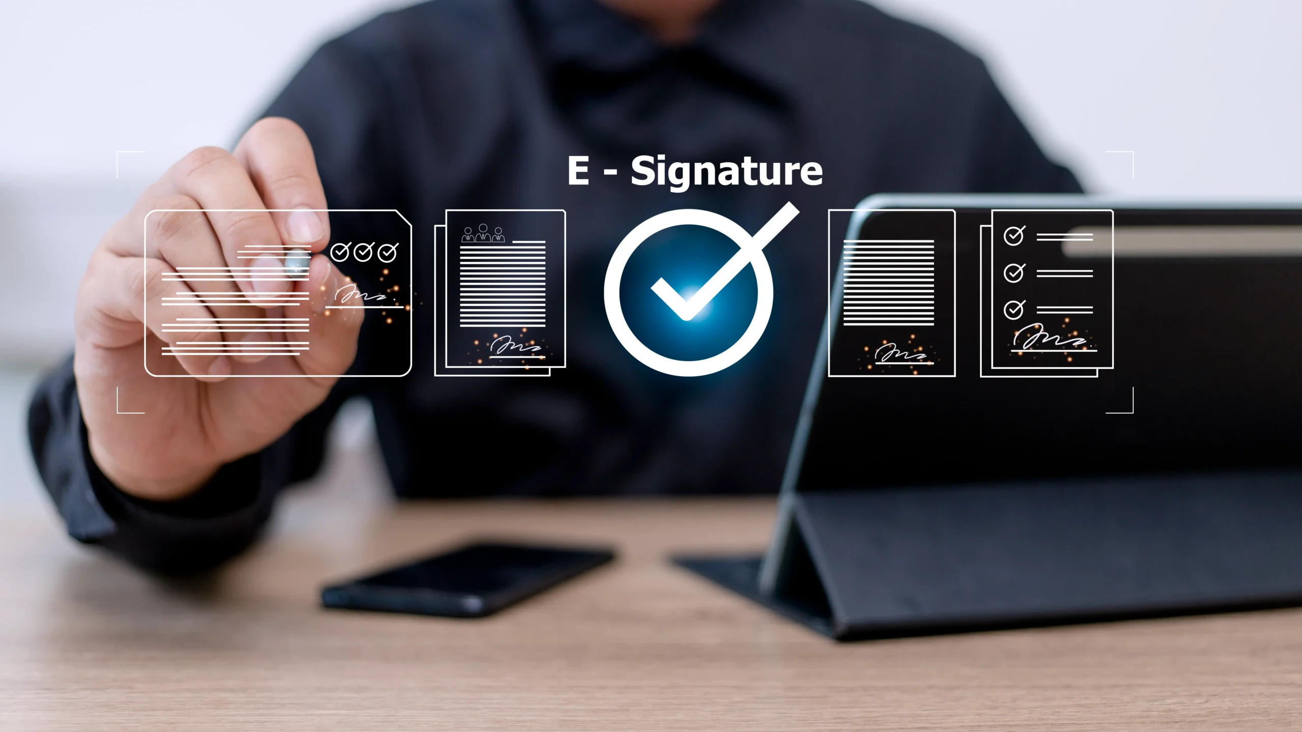 Professional managing digital signature workflows and document features on a tablet.