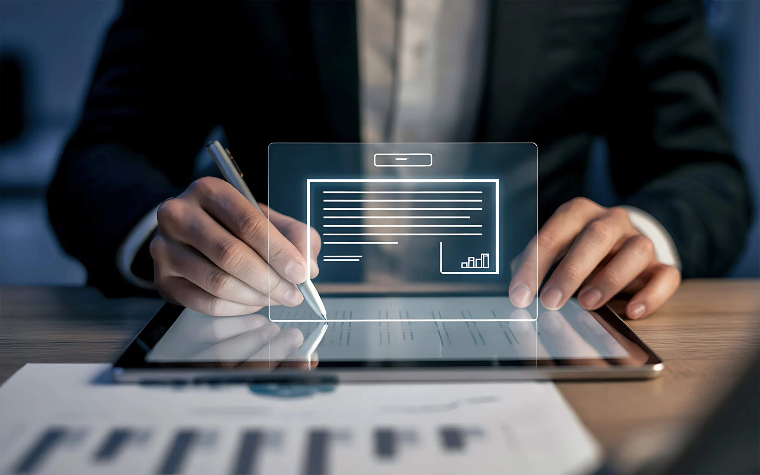 Business executive using a digital pen to sign contracts via eSignature workflow software.