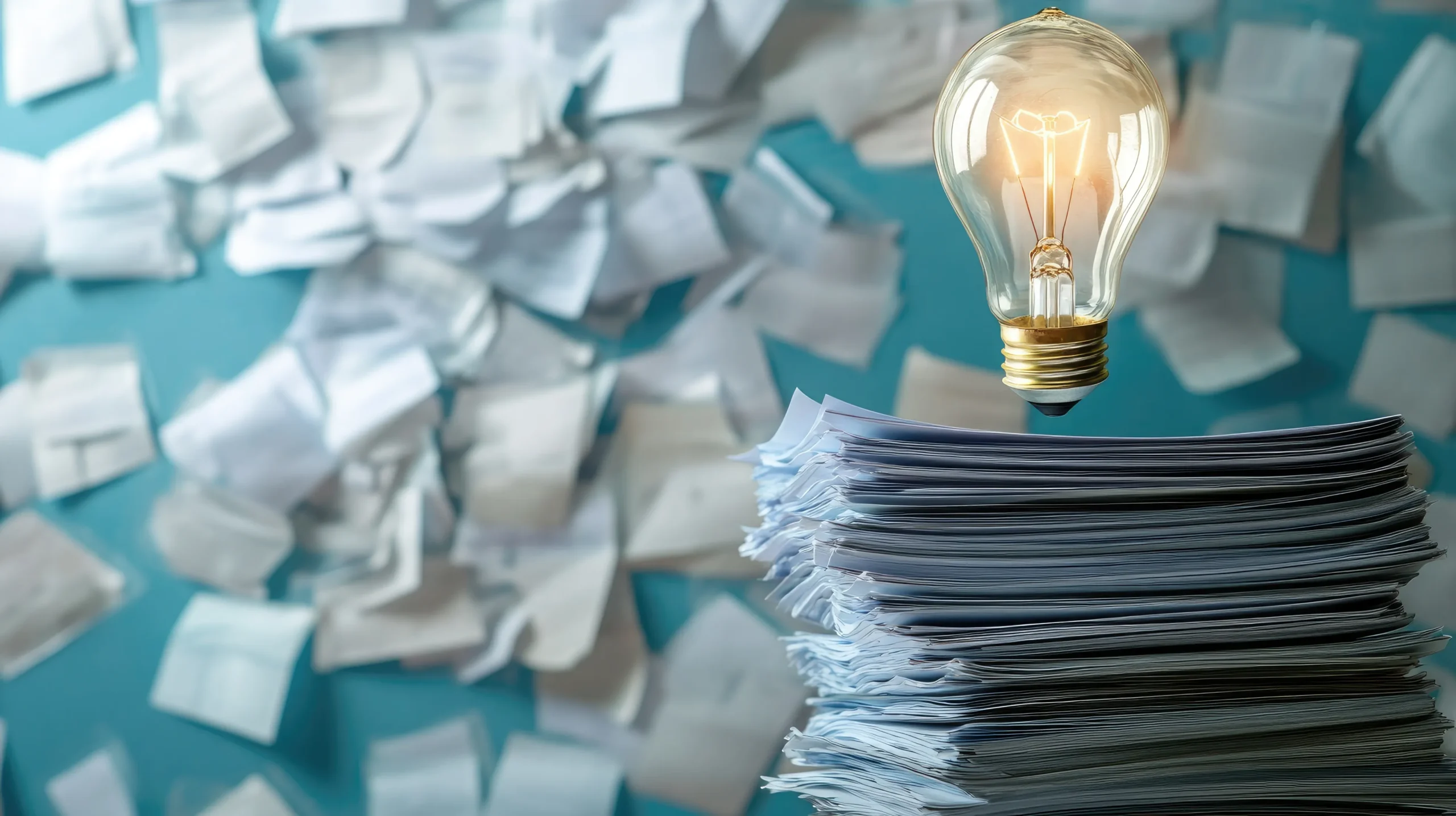 Idea lightbulb glowing over document stack showcasing innovative digital workflow solutions from Adobe Sign competitors.