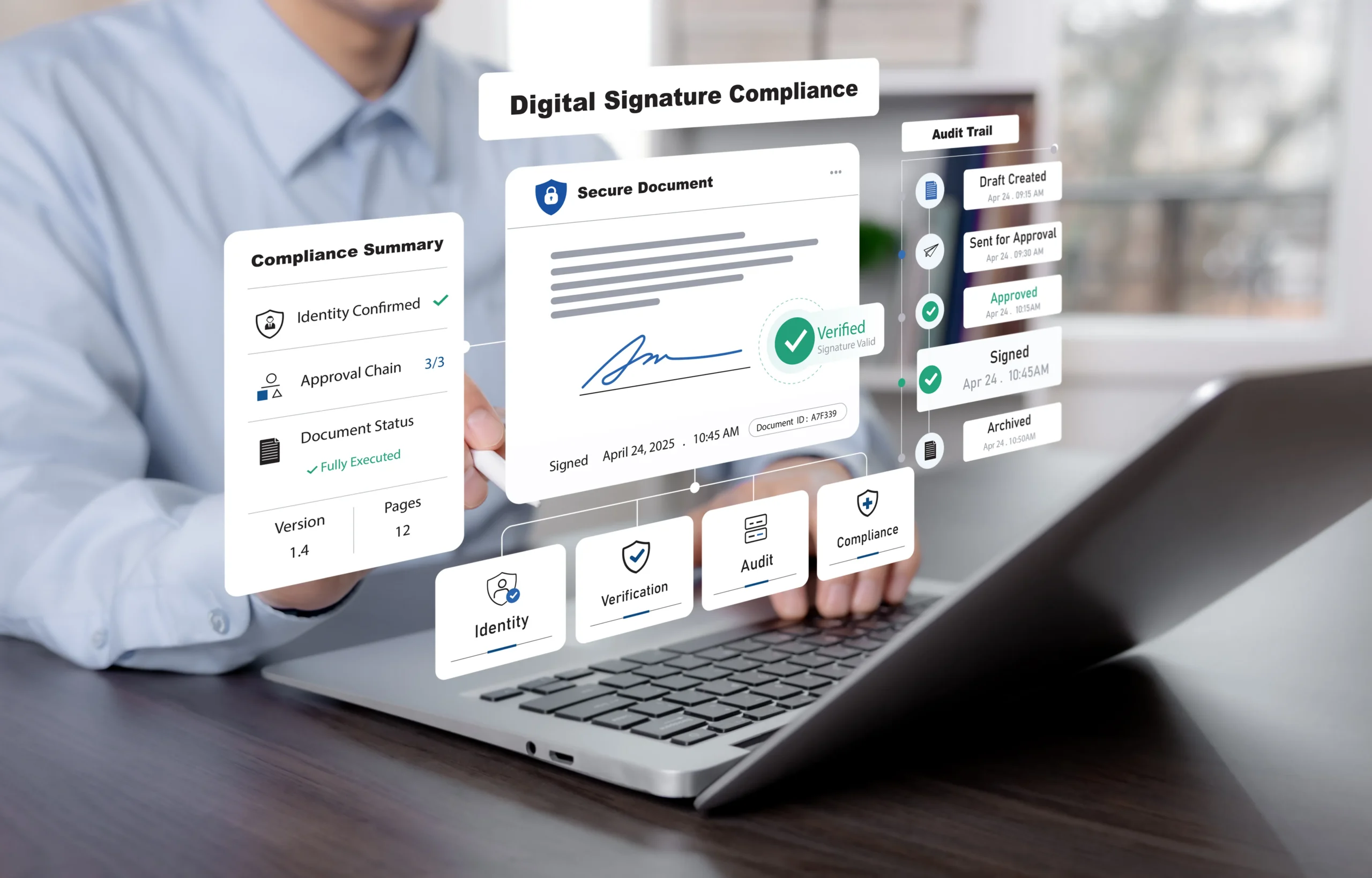 Digital signature compliance summary and secure document tracking features on a laptop.