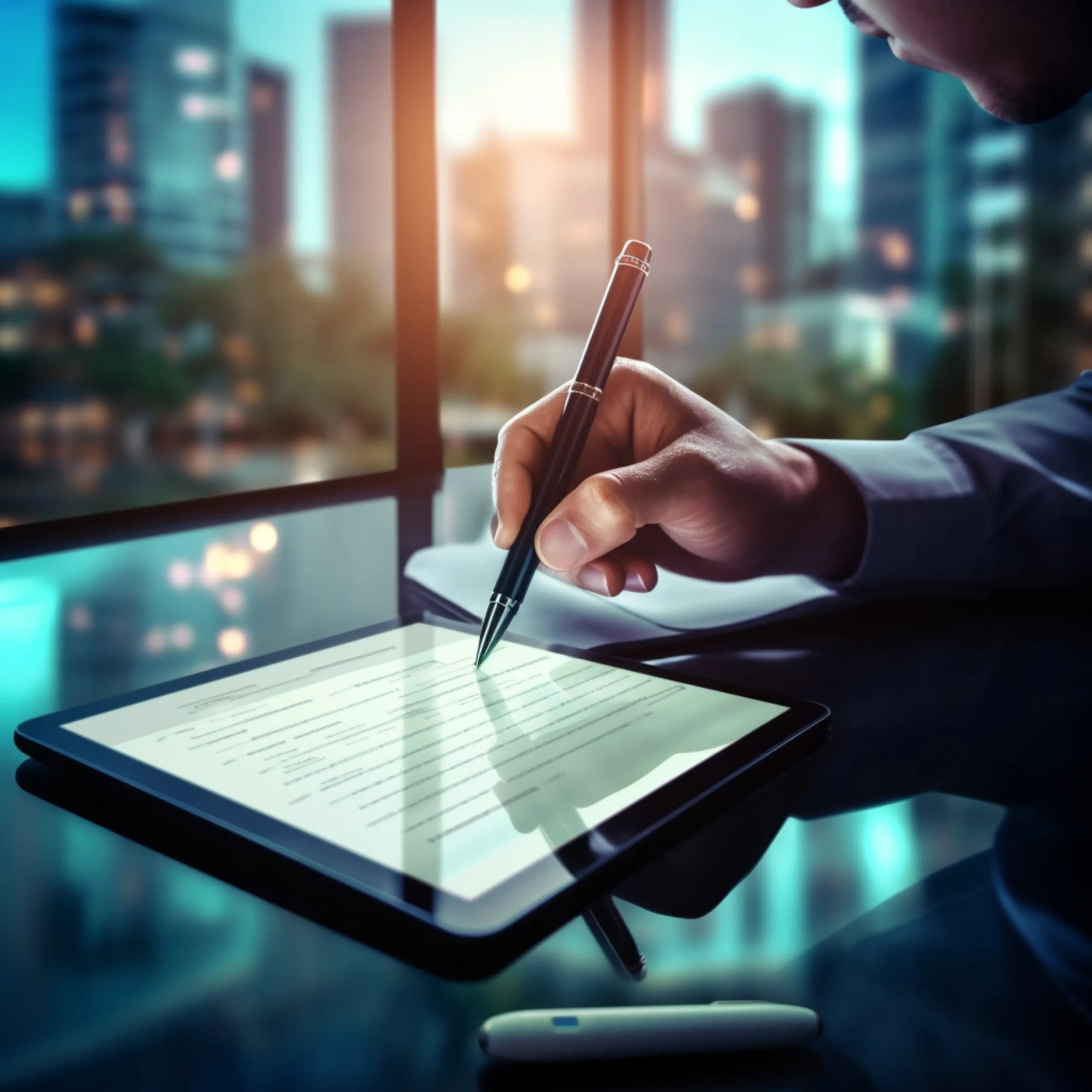 Executive signing digital documents on a tablet using one of the best Adobe Sign alternatives in an office setting.