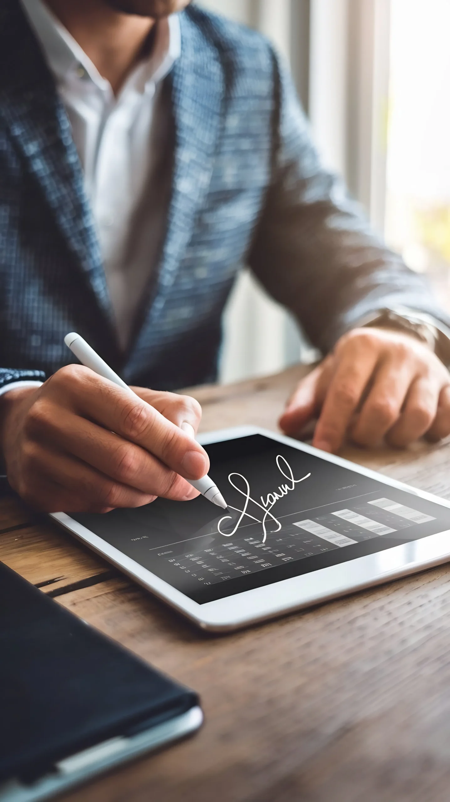 Entrepreneur signing a digital document on a tablet using the best esignature software for startups.