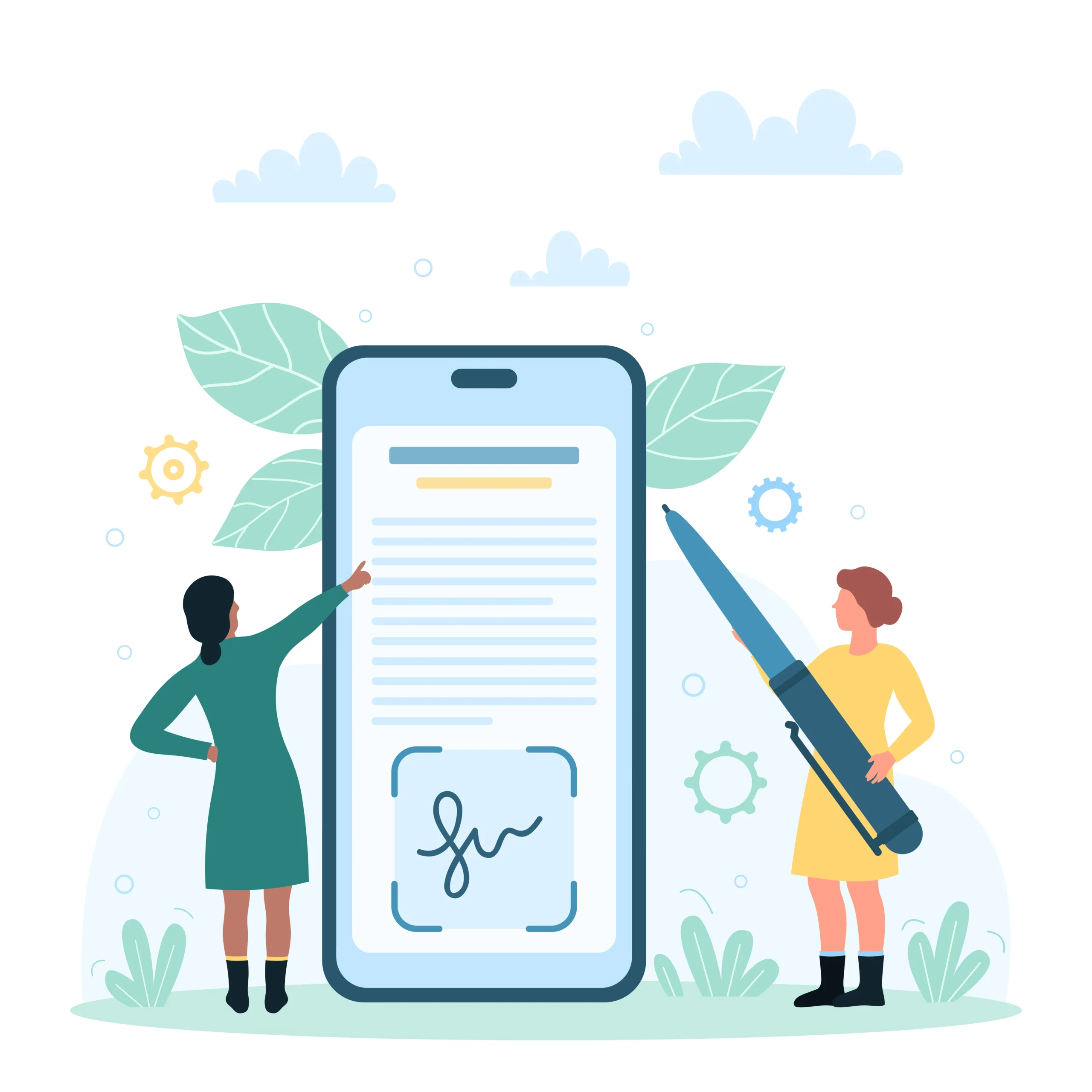 Illustration of two colleagues reviewing a digital contract on a giant smartphone screen to select eSignature software for business.