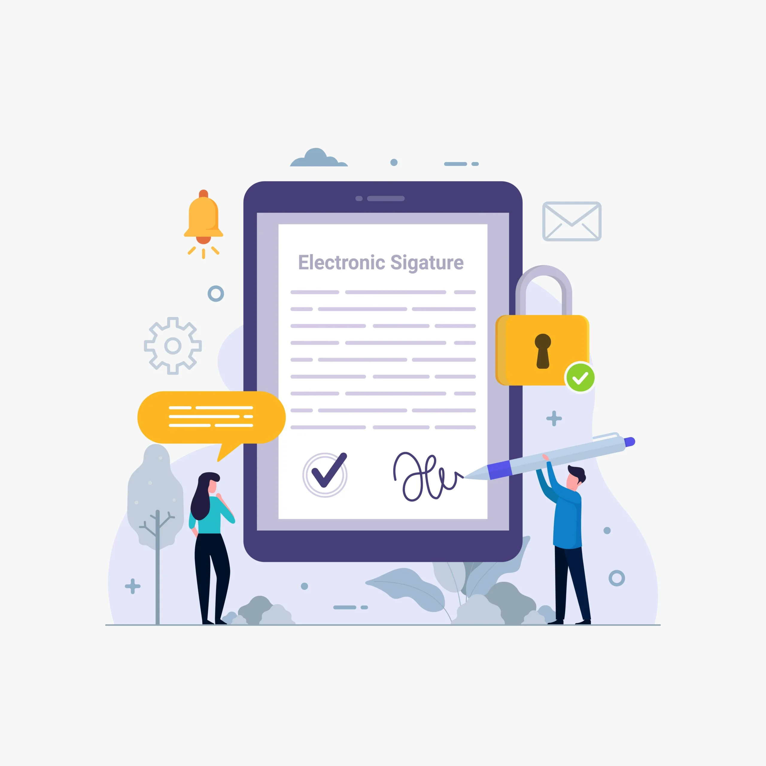 Illustration comparing electronic signature tools with secure document features and lock icons.