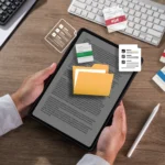 Digital tablet showing folder icons and document management tools for compliance screening.