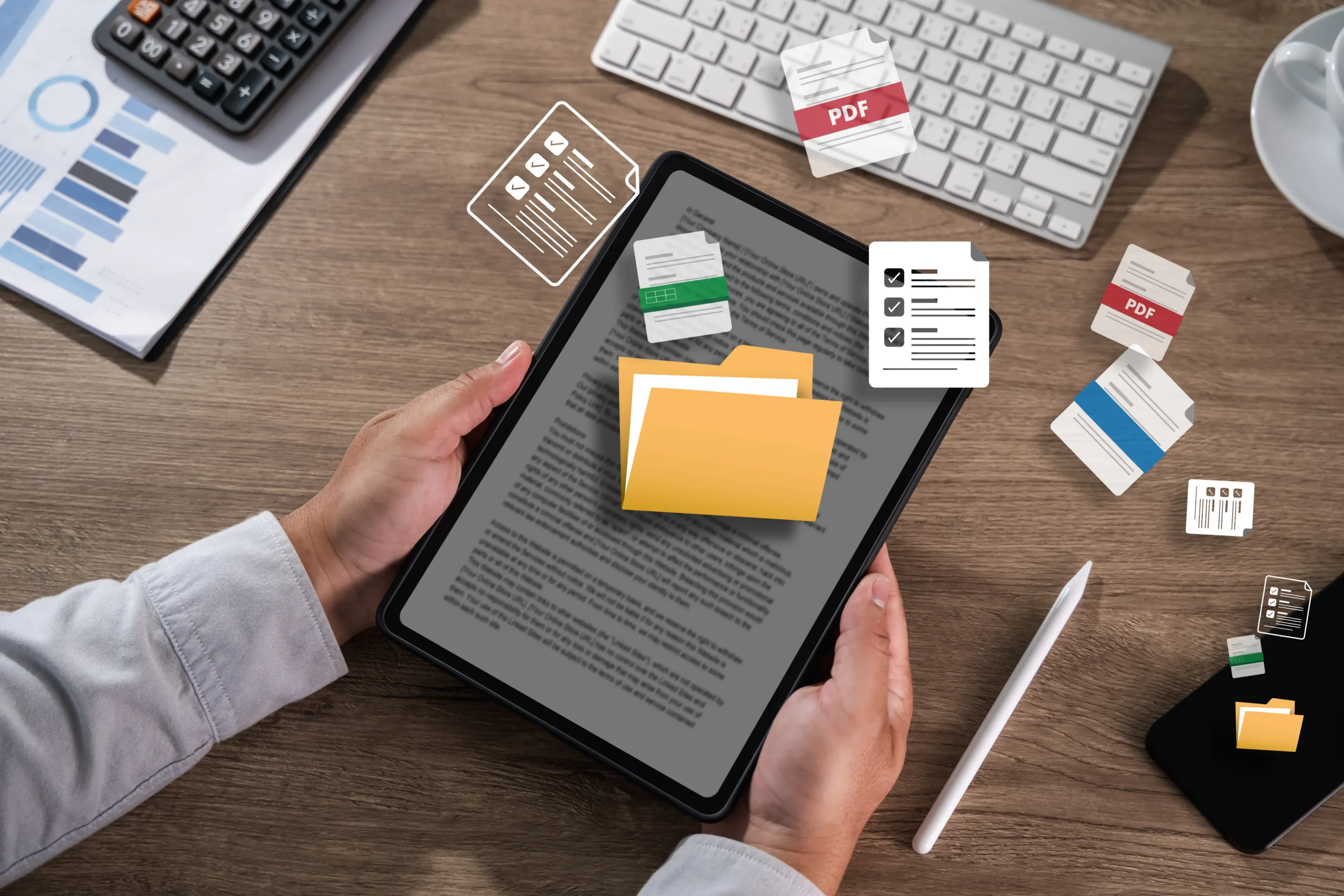 Digital tablet showing folder icons and document management tools for compliance screening.