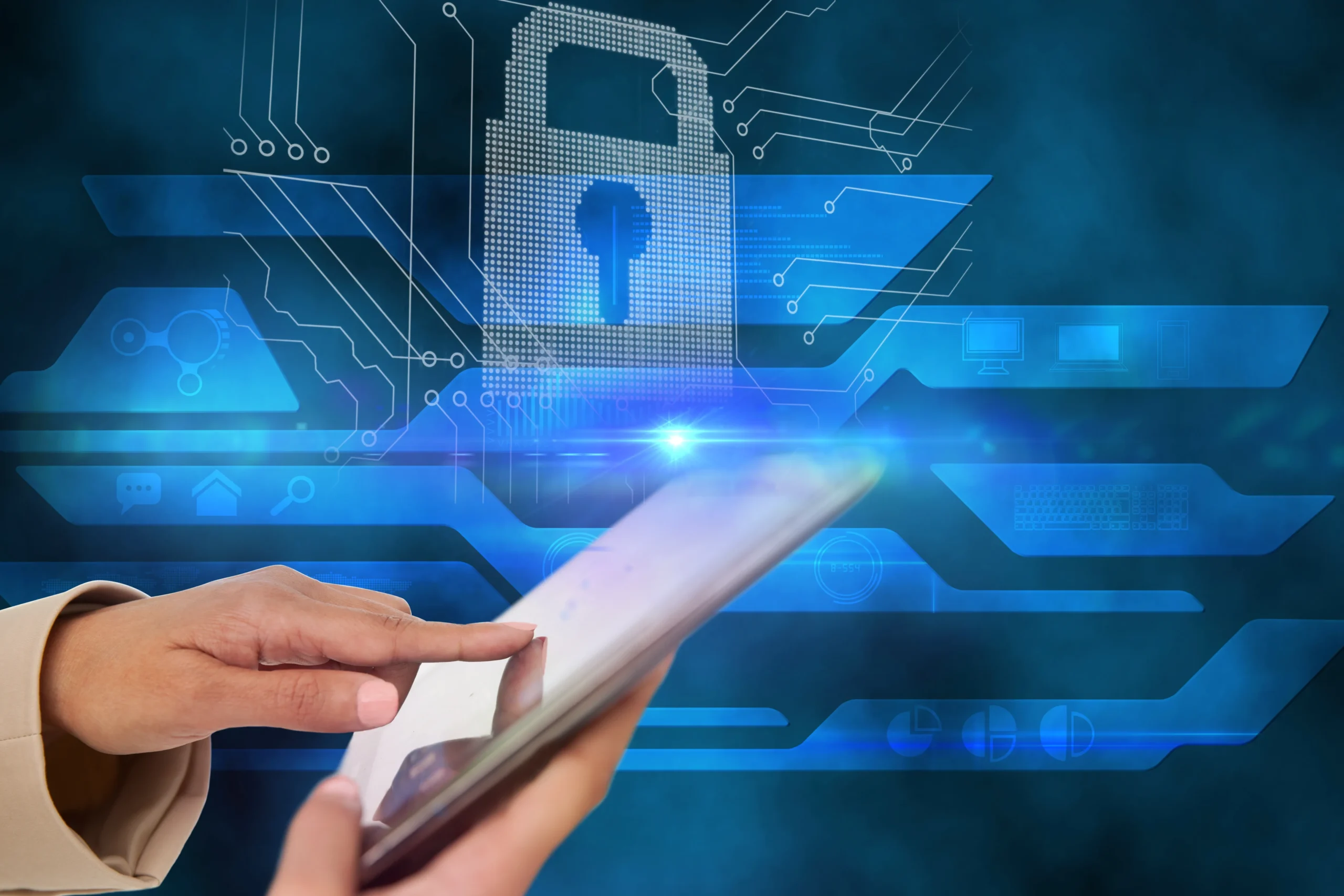 User interacting with secure digital encryption features on a tablet using e-signature software.