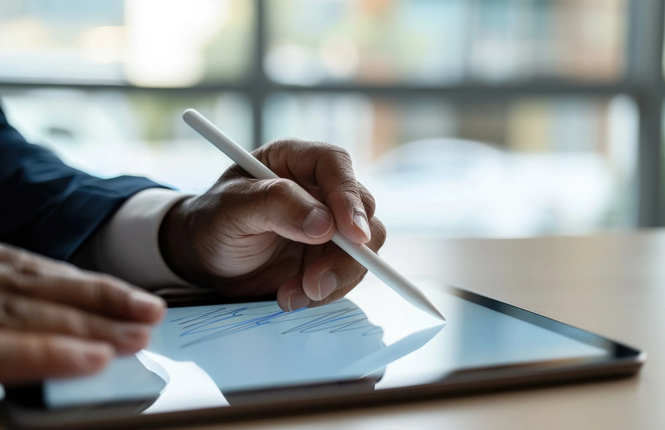 User writing a digital signature on a tablet device integrated with an esignature API.