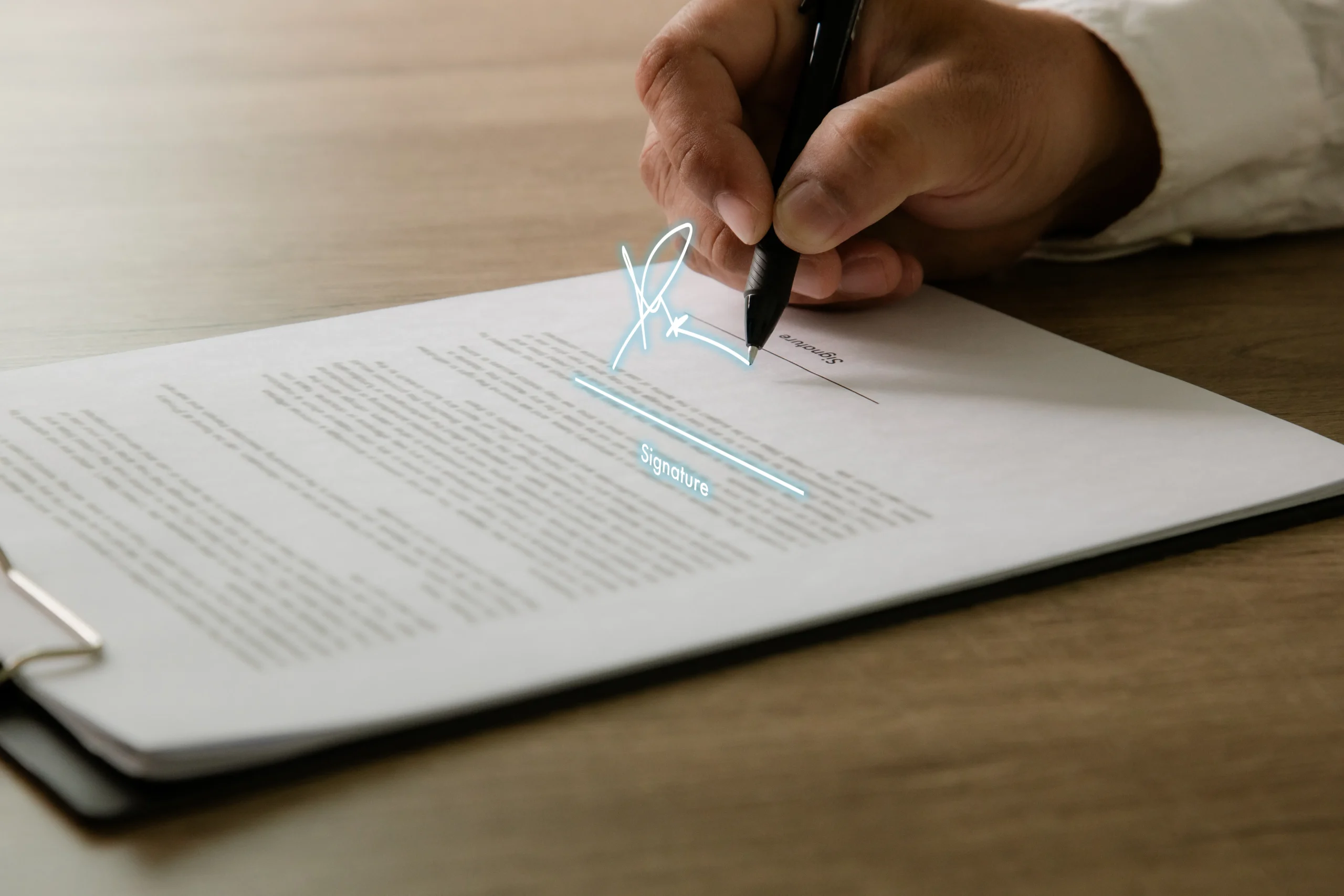 Hand signing a legal document on a clipboard using a non-disclosure agreement eSignature.